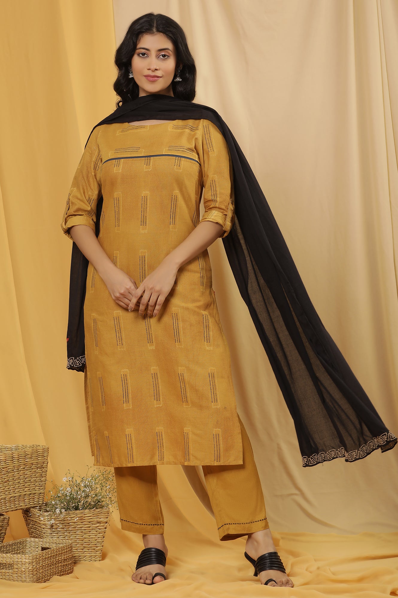 Mustard Kantha Printed Kurta, Pants And Dupatta Set