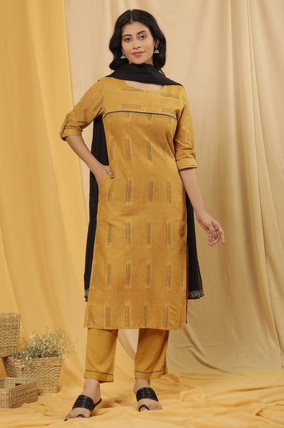 Mustard Kantha Printed Kurta, Pants And Dupatta Set