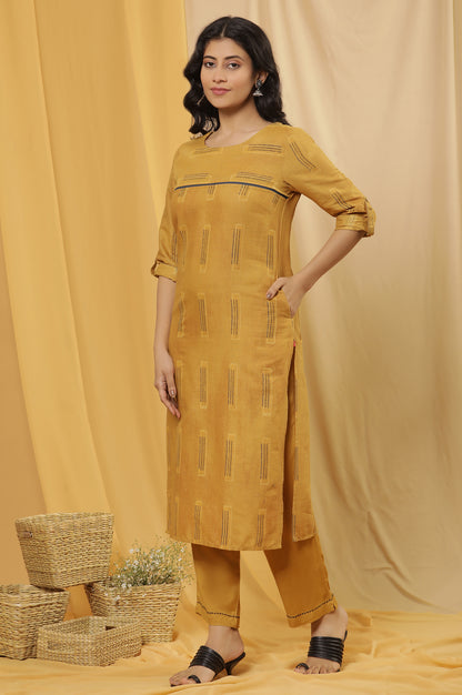 Mustard Kantha Printed Kurta, Pants And Dupatta Set