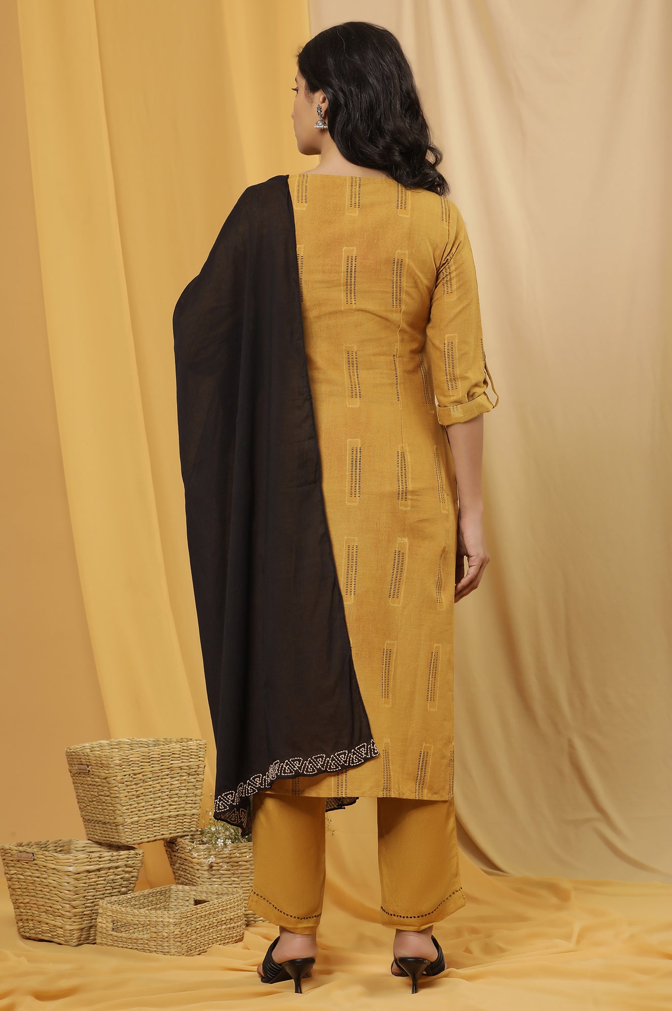 Mustard Kantha Printed Kurta, Pants And Dupatta Set