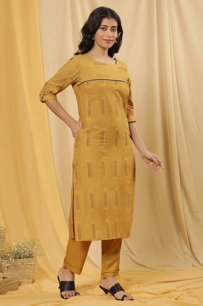 Mustard Kantha Printed Kurta, Pants And Dupatta Set