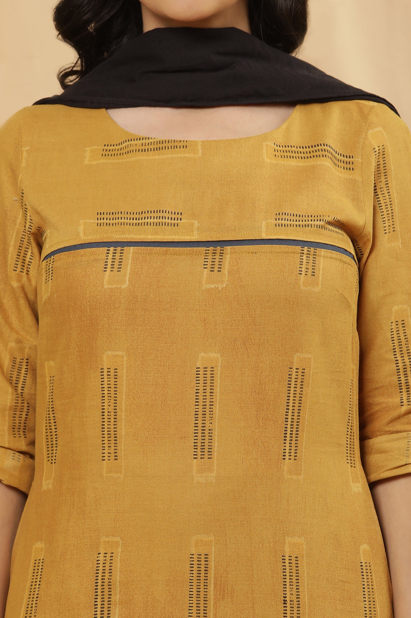 Mustard Kantha Printed Kurta, Pants And Dupatta Set