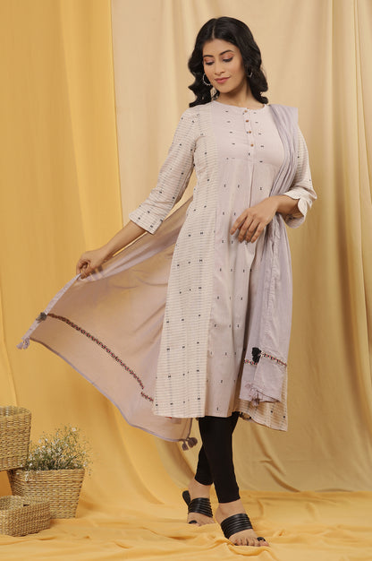 Ecru And Lilac Printed Kurta, Tights And Dupatta Set