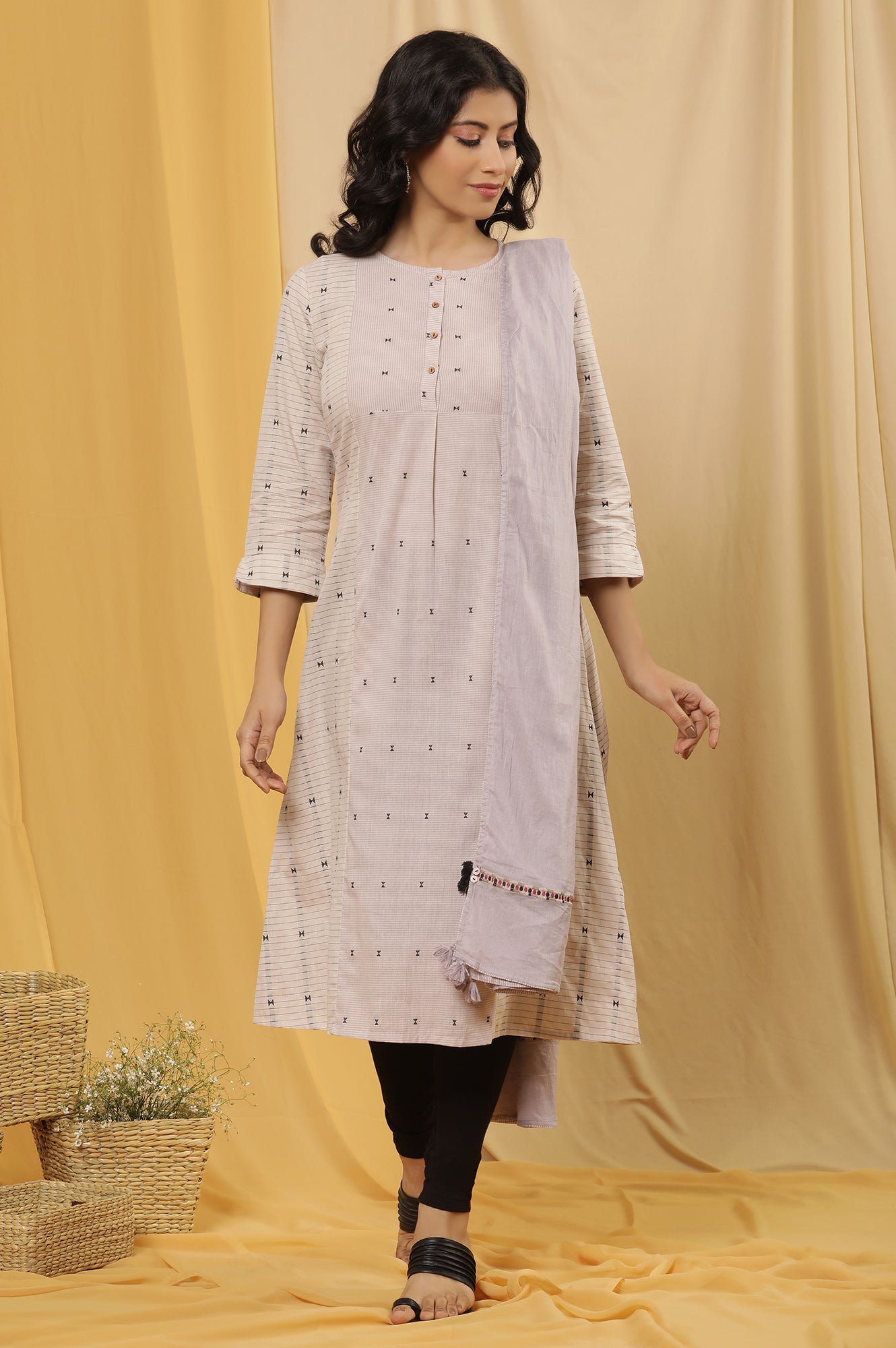 Ecru And Lilac Printed Kurta, Tights And Dupatta Set