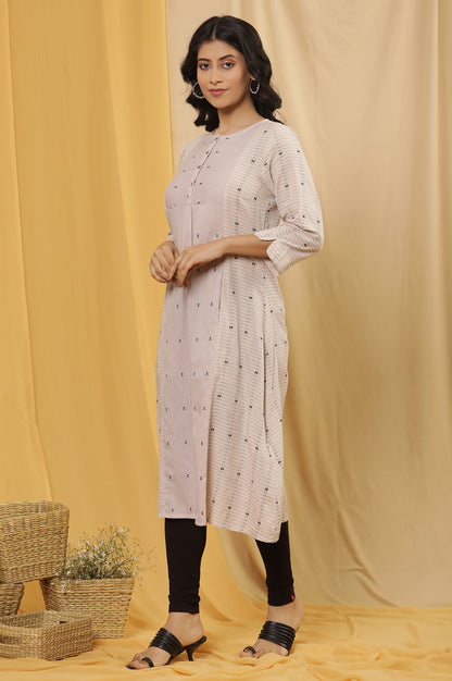 Ecru And Lilac Printed Kurta, Tights And Dupatta Set