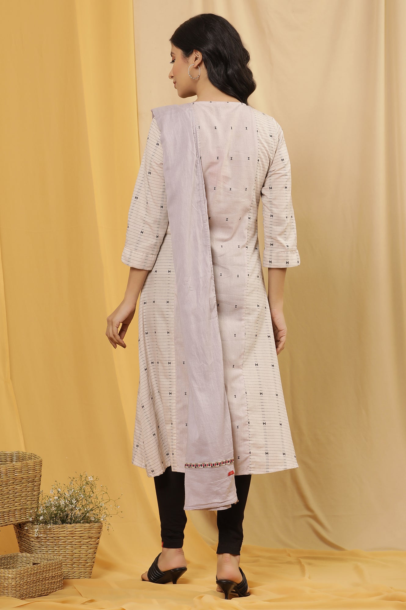 Ecru And Lilac Printed Kurta, Tights And Dupatta Set