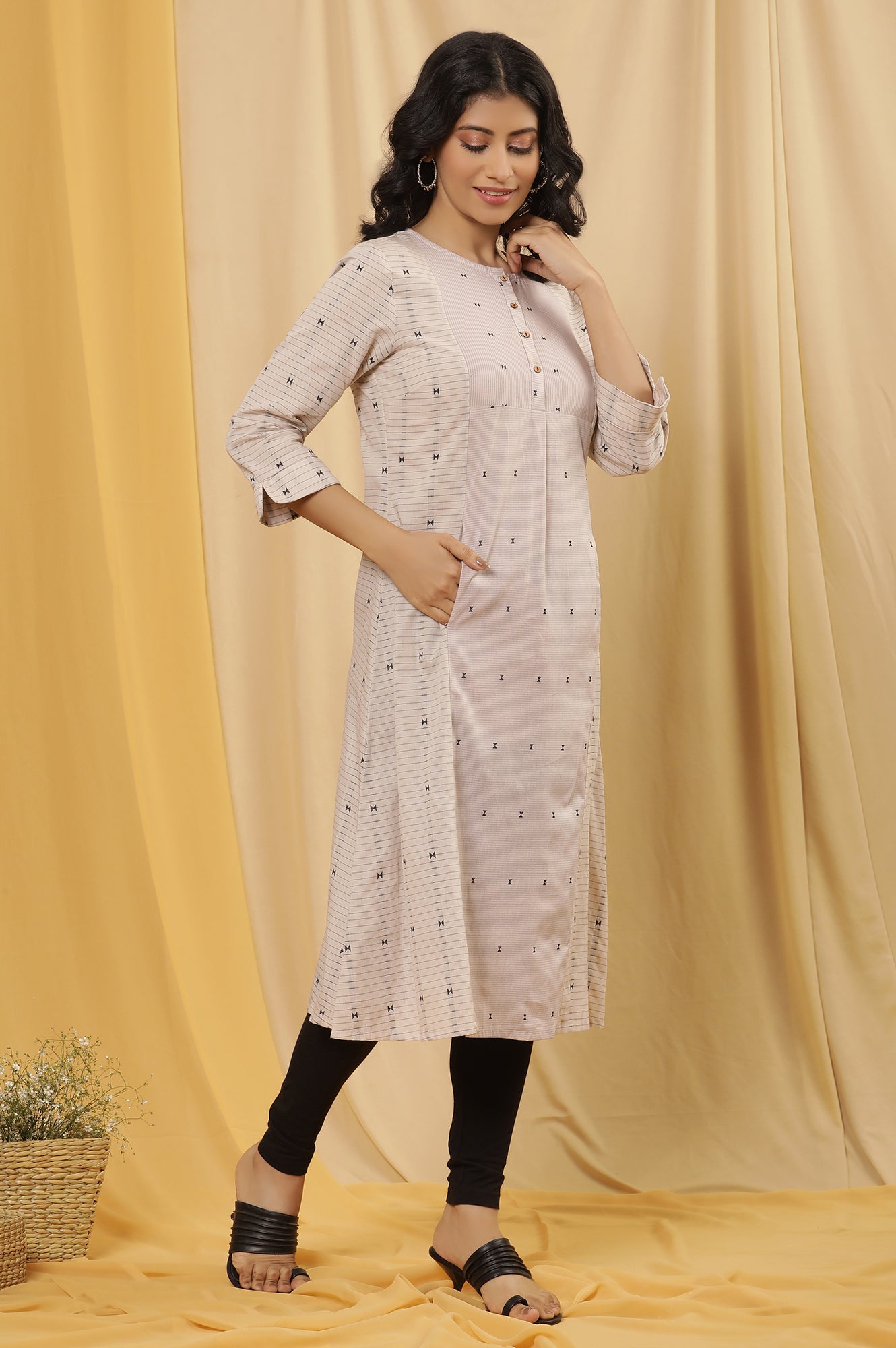 Ecru And Lilac Printed Kurta, Tights And Dupatta Set