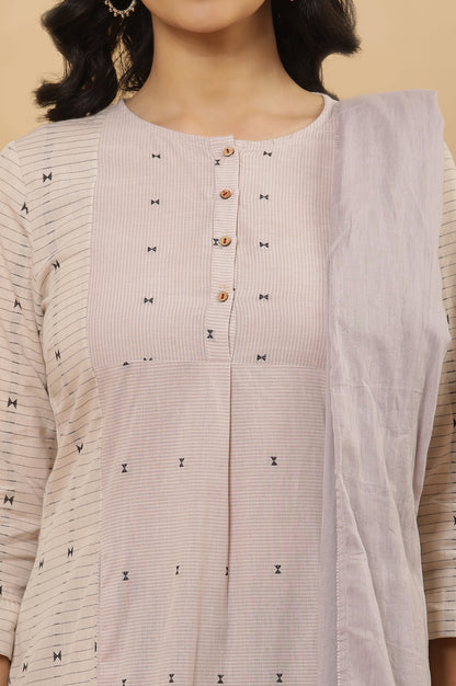 Ecru And Lilac Printed Kurta, Tights And Dupatta Set