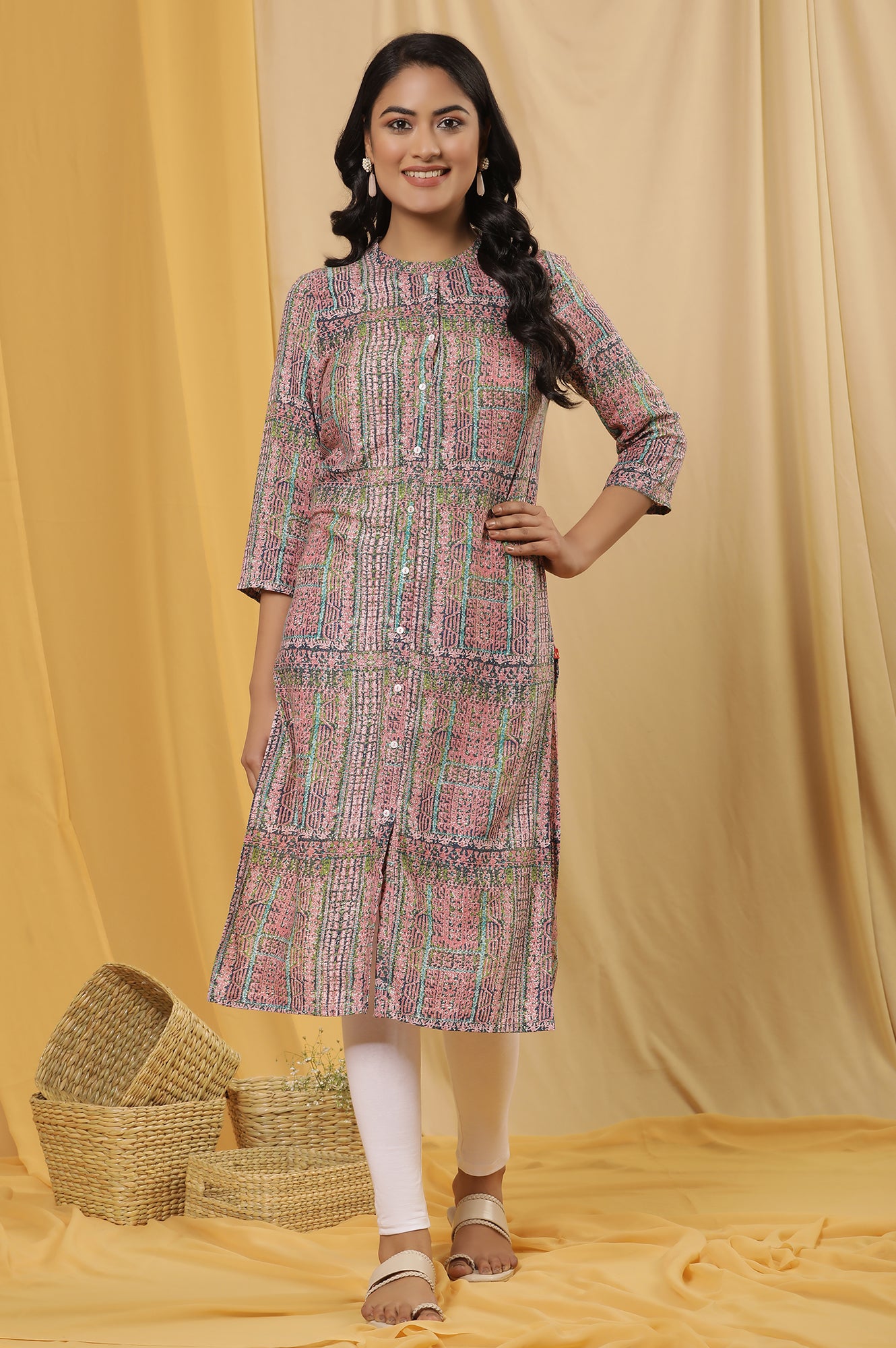 Multicoloured Printed Kurta And Tights Set