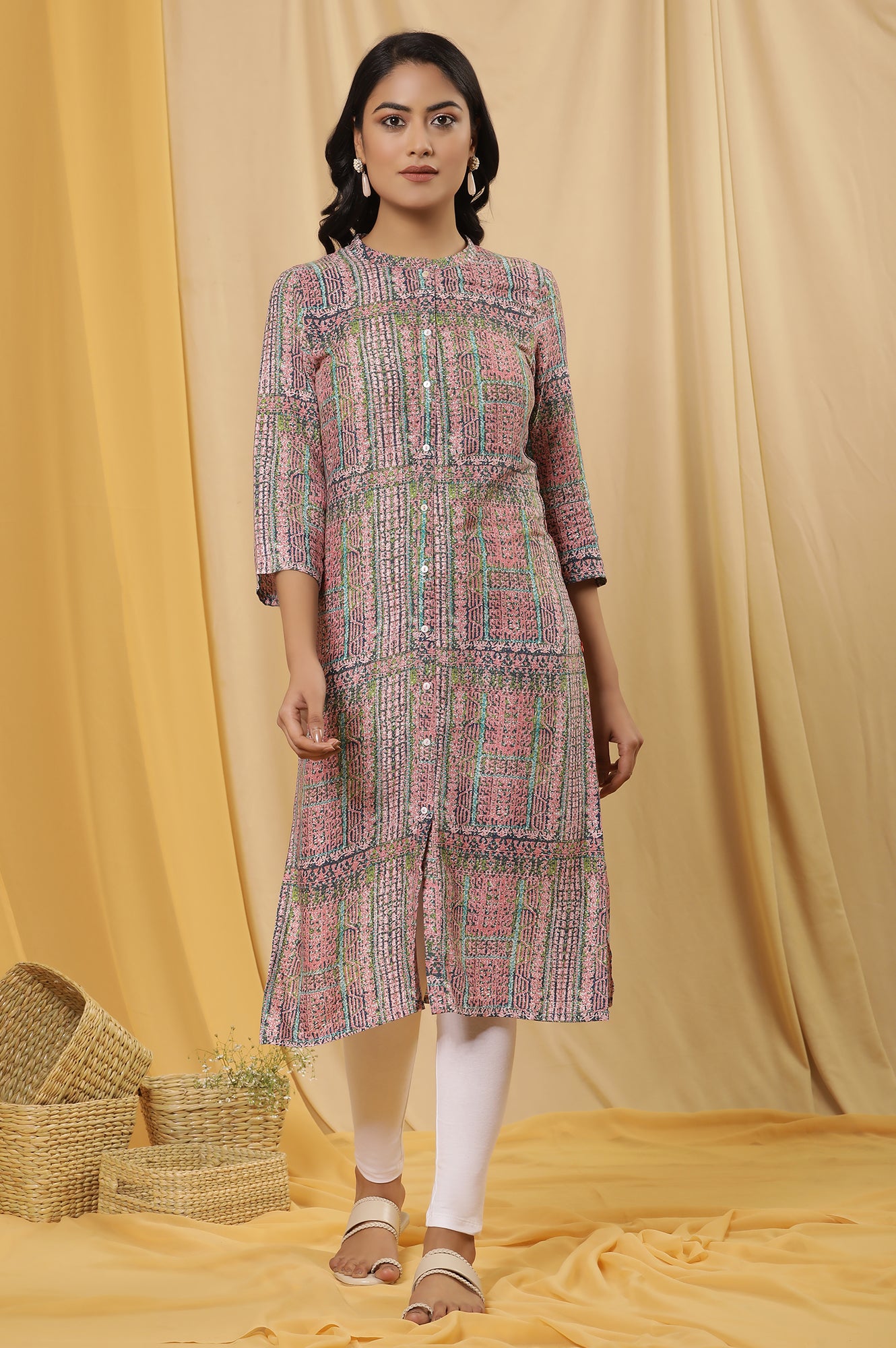 Multicoloured Printed Kurta And Tights Set