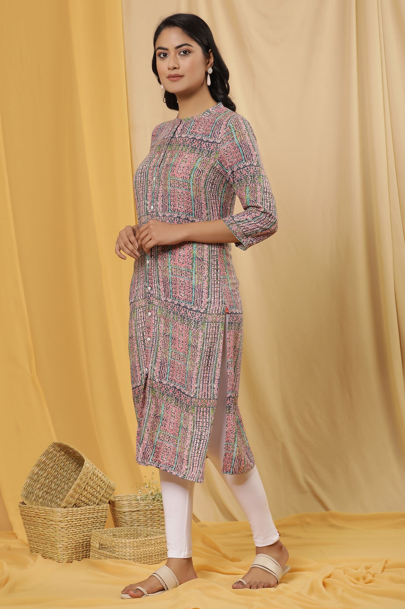 Multicoloured Printed Kurta And Tights Set