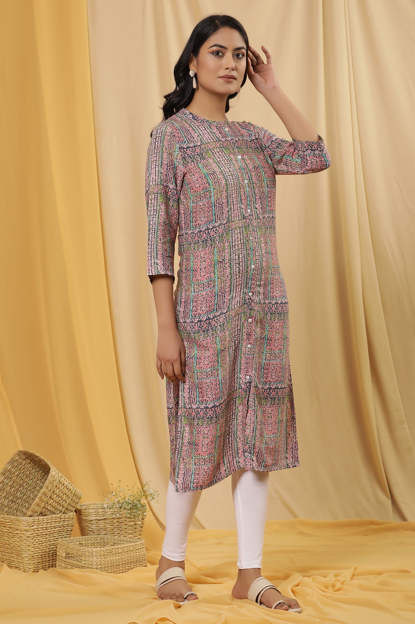 Multicoloured Printed Kurta And Tights Set