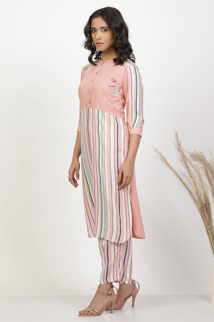 Peach Multi-Coloured Kurta And Parallel Pants Set