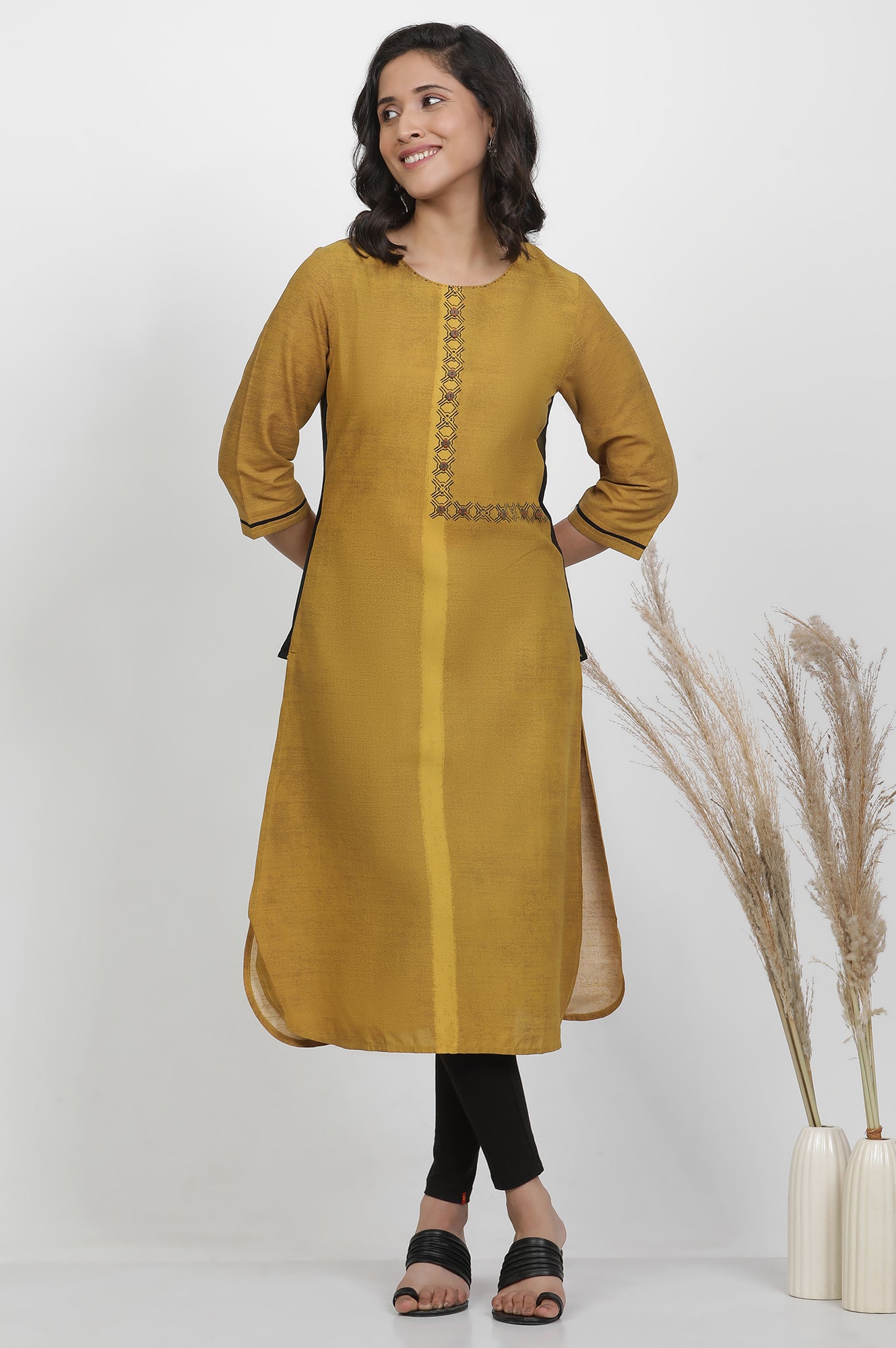 Mustard Yellow Printed Kurta, Tights And Dupatta Set