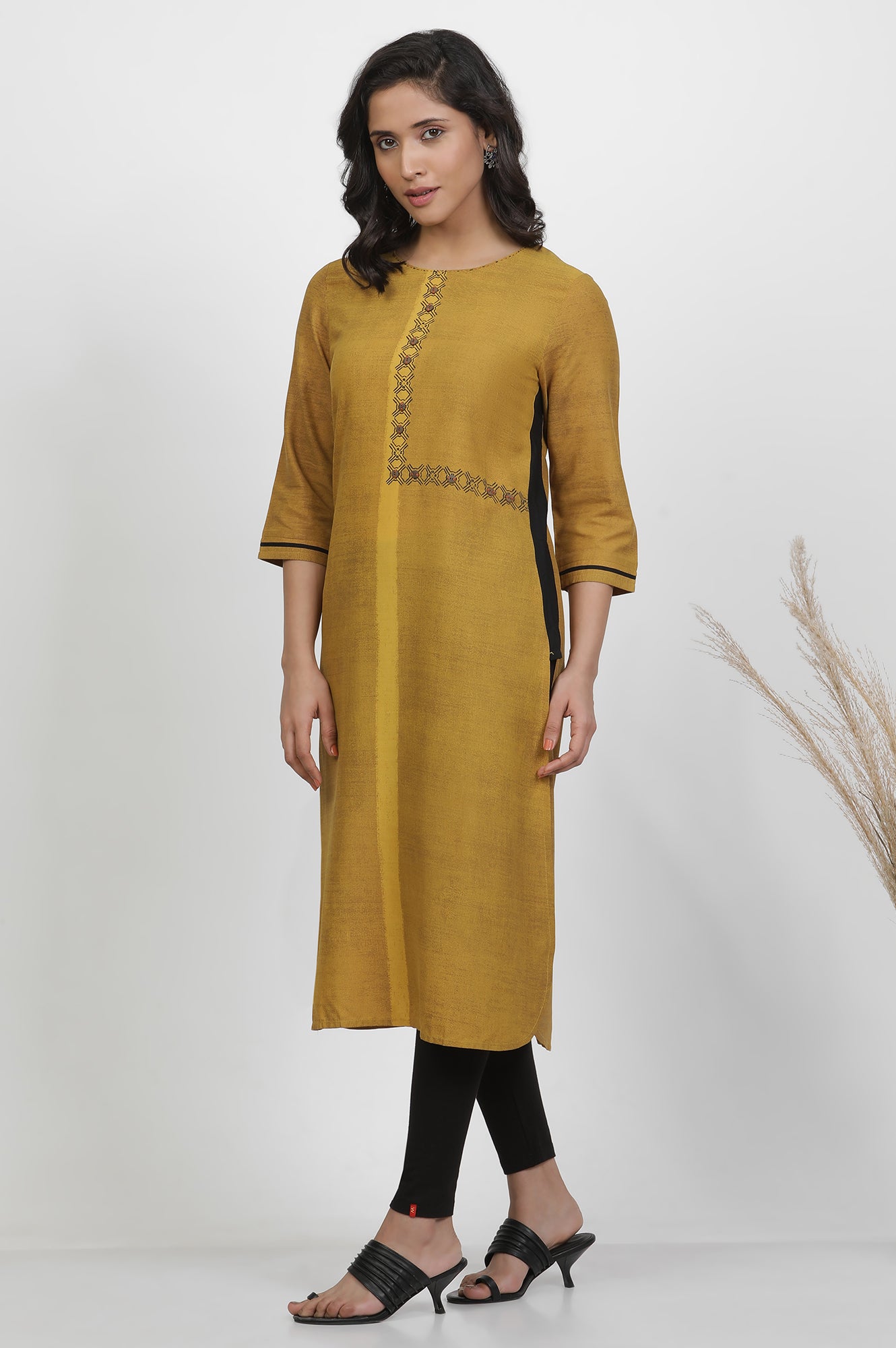 Mustard Yellow Printed Kurta, Tights And Dupatta Set