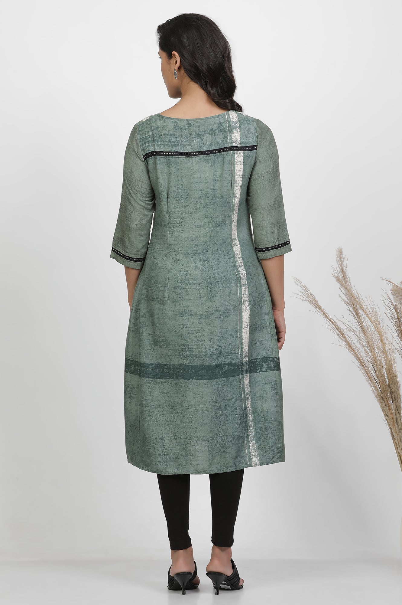 Green Godet Box Pleat Kurta And Tights Set