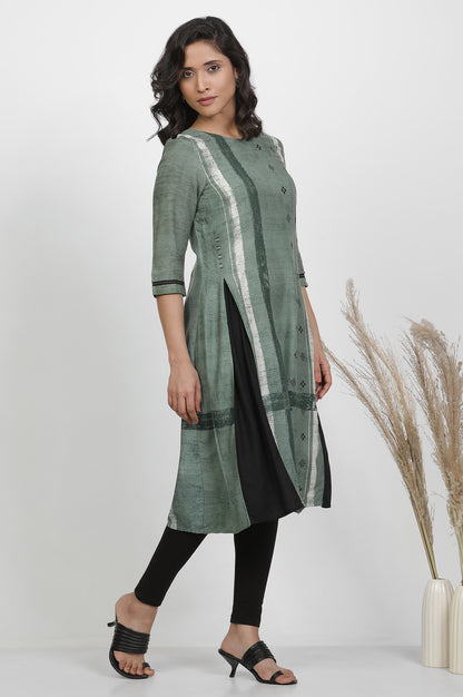 Green Godet Box Pleat Kurta And Tights Set