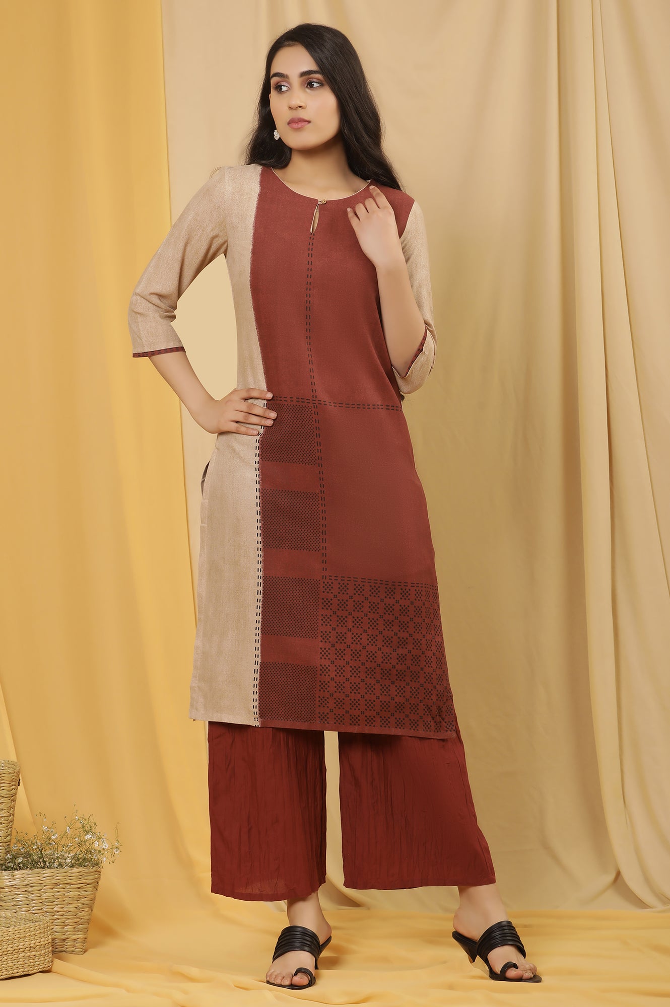 Red And Beige Printed Kurta And Crinkle Pants Set