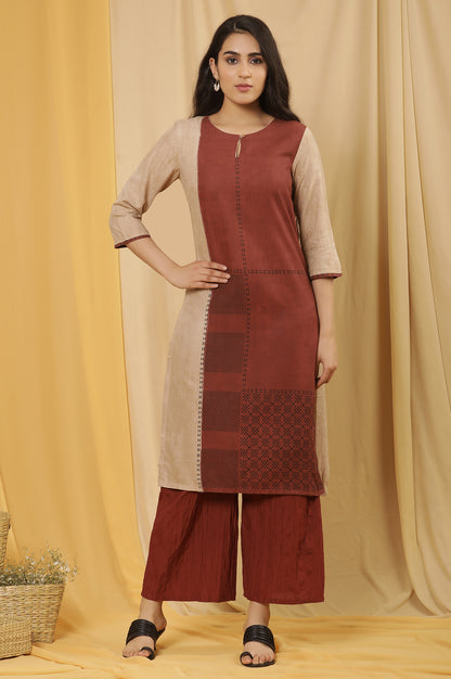 Red And Beige Printed Kurta And Crinkle Pants Set