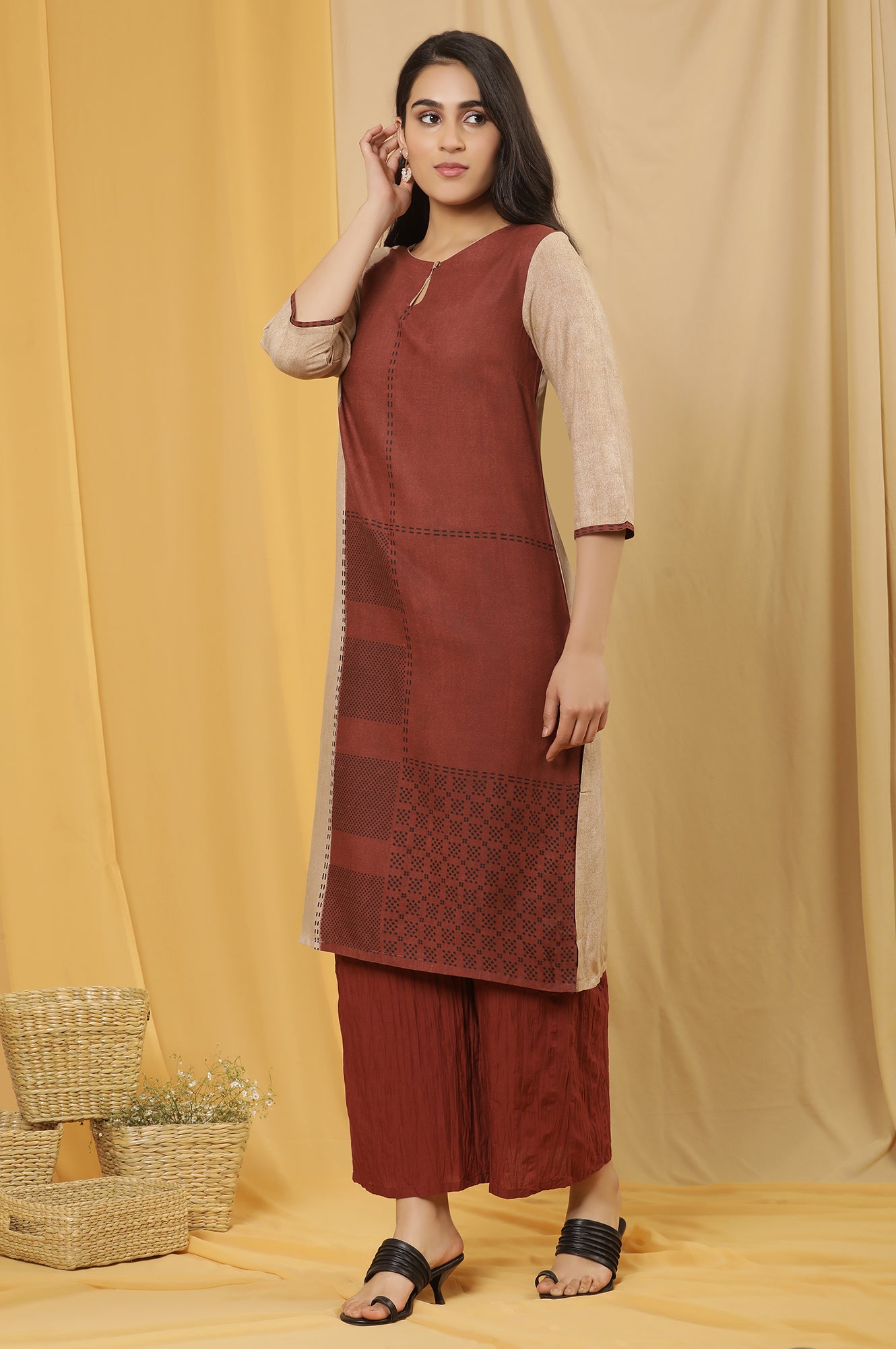 Red And Beige Printed Kurta And Crinkle Pants Set