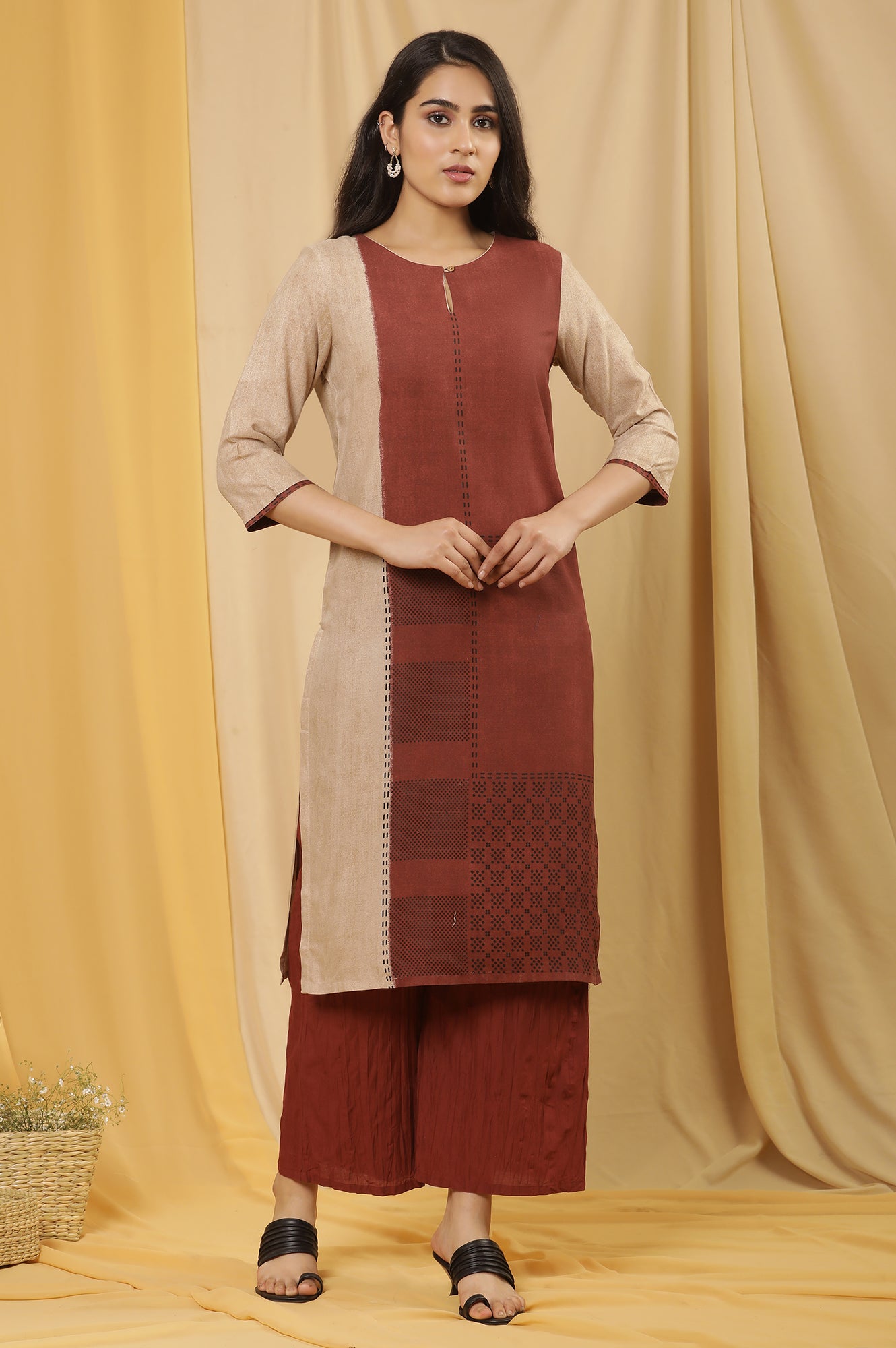 Red And Beige Printed Kurta And Crinkle Pants Set