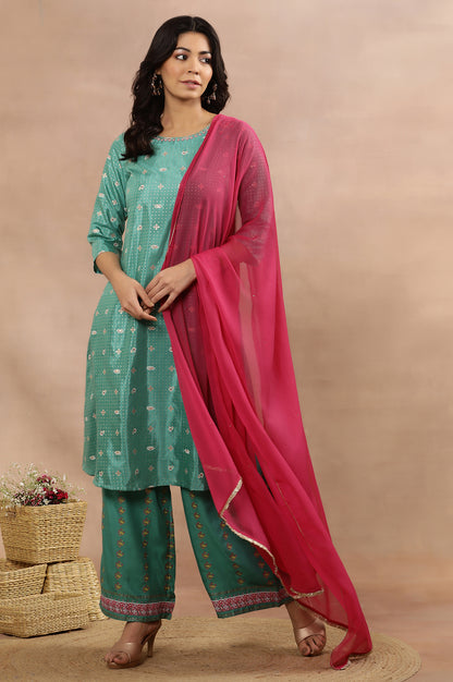 Marine Green A-Line Printed Kurta, Pants And Dupatta Set