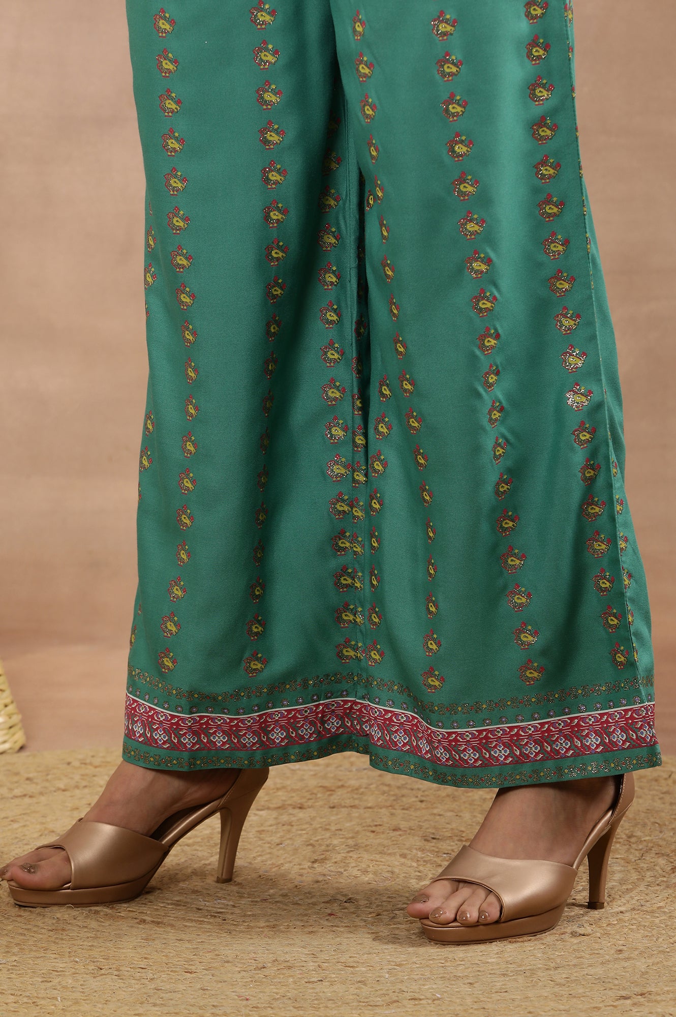 Marine Green A-Line Printed Kurta, Pants And Dupatta Set