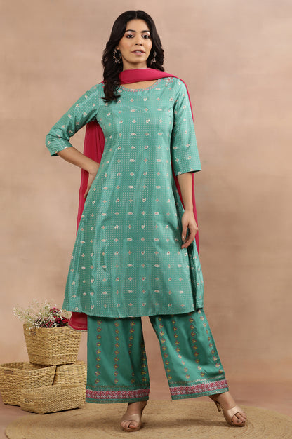 Marine Green A-Line Printed Kurta, Pants And Dupatta Set