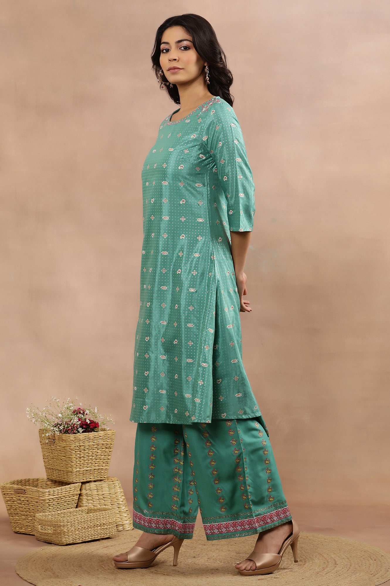 Marine Green A-Line Printed Kurta, Pants And Dupatta Set