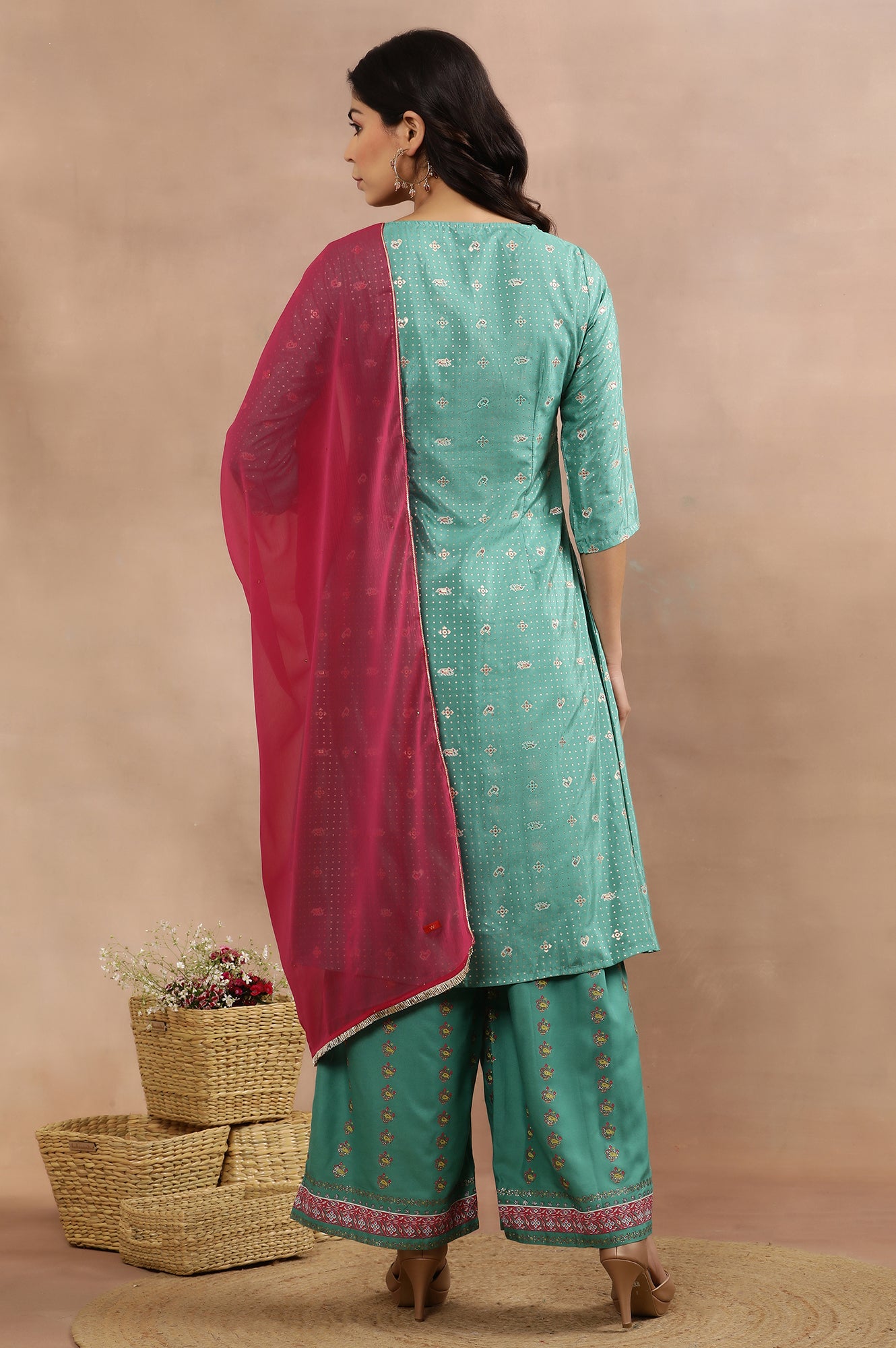 Marine Green A-Line Printed Kurta, Pants And Dupatta Set