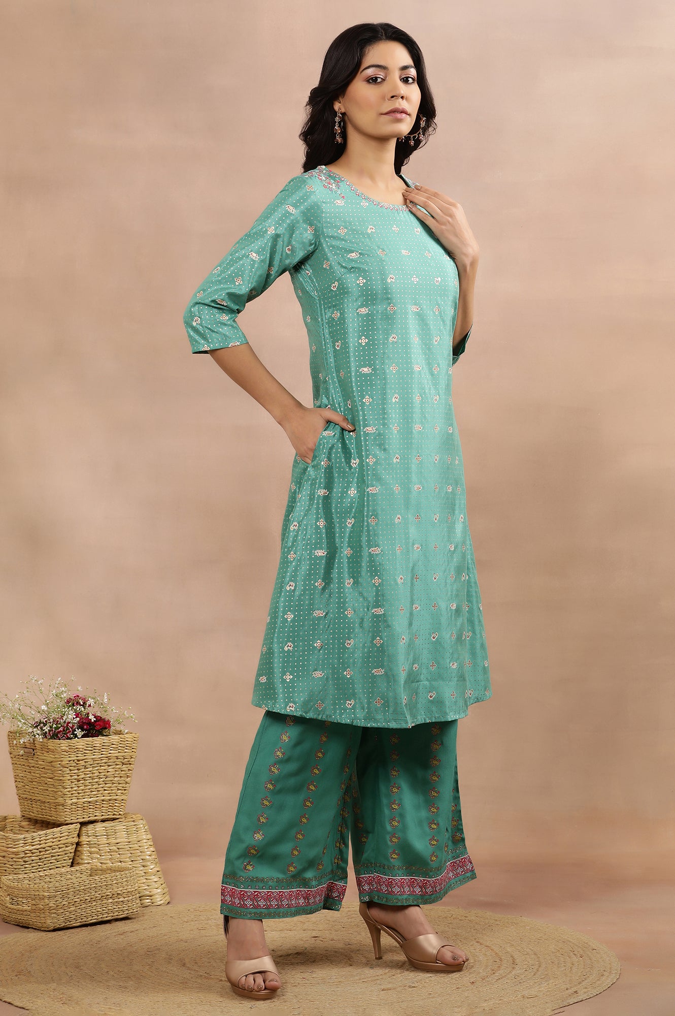 Marine Green A-Line Printed Kurta, Pants And Dupatta Set