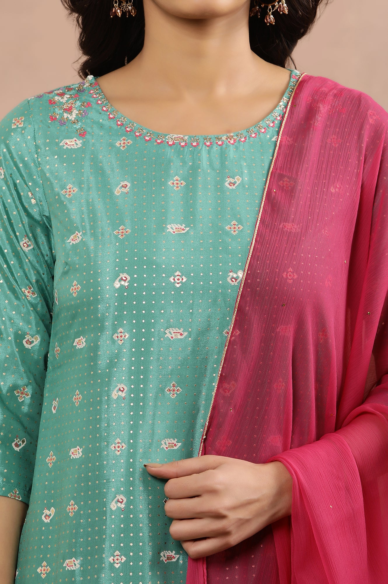 Marine Green A-Line Printed Kurta, Pants And Dupatta Set