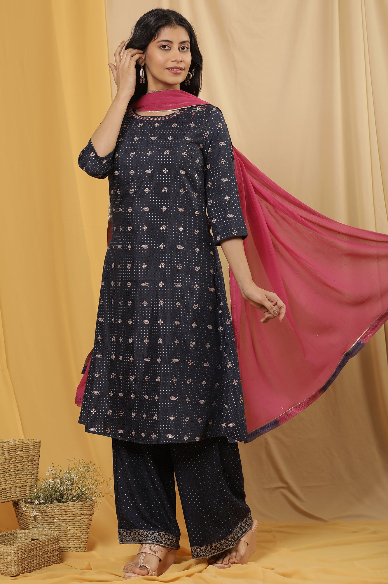 Blue Embroidered A-Line Kurta, Pants And Dupatta Set