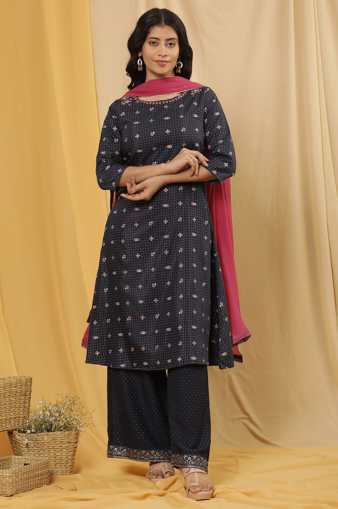 Blue Embroidered A-Line Kurta, Pants And Dupatta Set