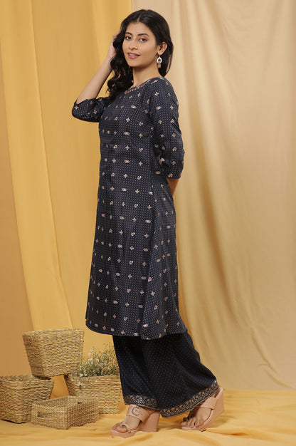 Blue Embroidered A-Line Kurta, Pants And Dupatta Set