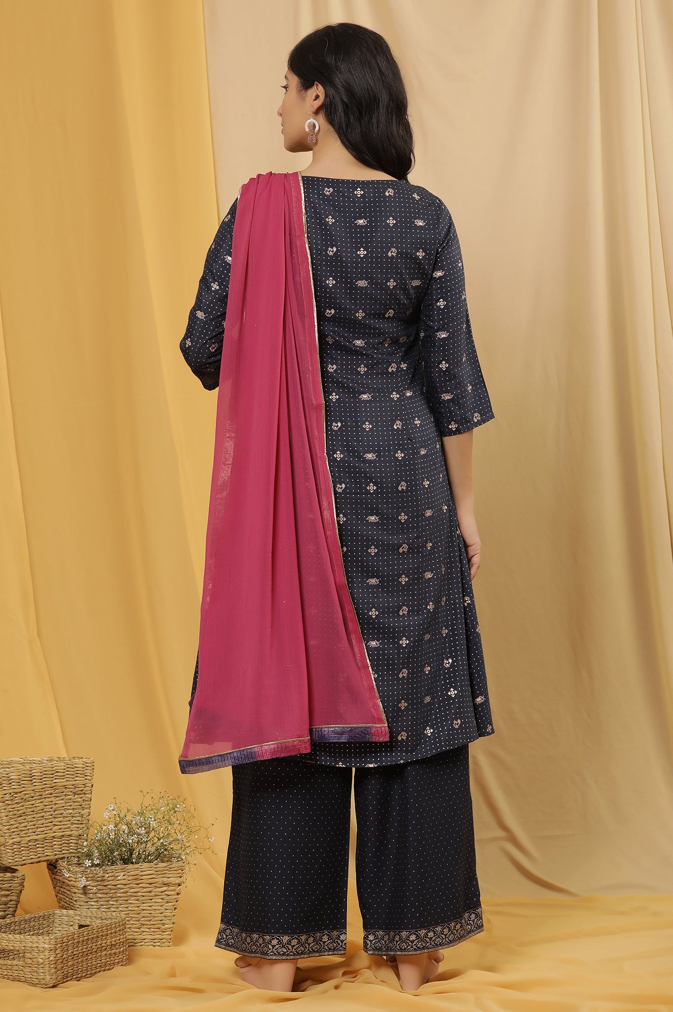 Blue Embroidered A-Line Kurta, Pants And Dupatta Set