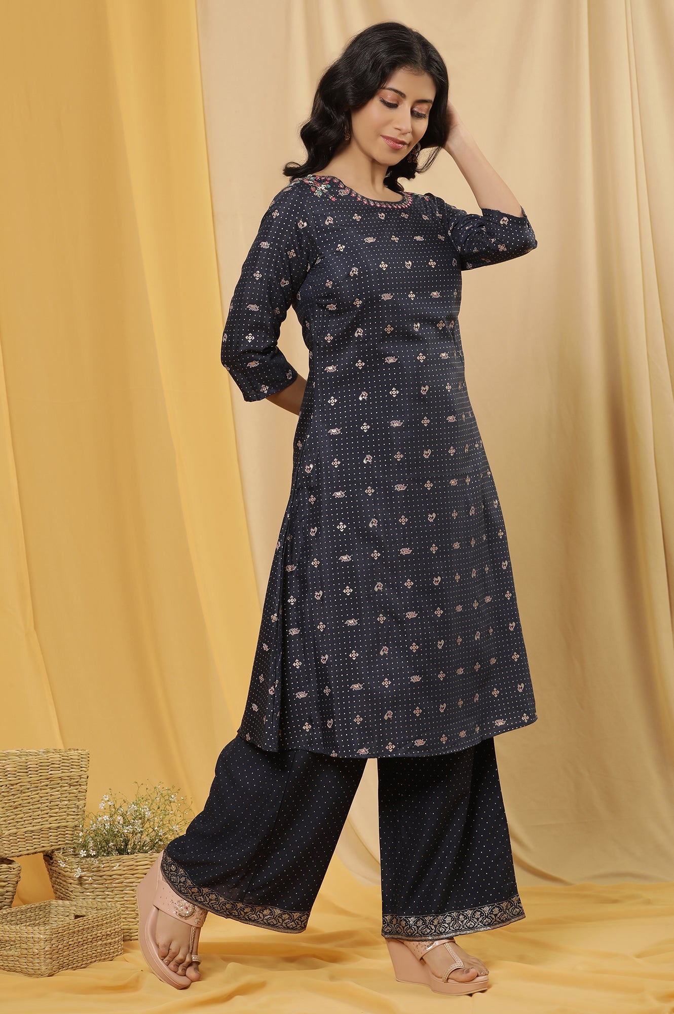 Blue Embroidered A-Line Kurta, Pants And Dupatta Set