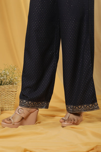 Blue Embroidered A-Line Kurta, Pants And Dupatta Set