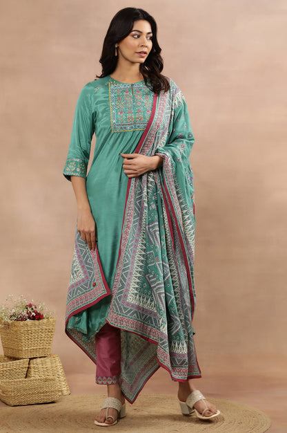 Marine Green Asymmetrical Kurta, Slim Pants And Dupatta Set