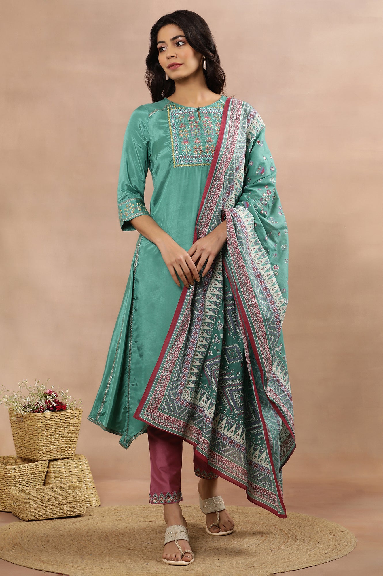 Marine Green Asymmetrical Kurta, Slim Pants And Dupatta Set