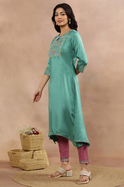 Marine Green Asymmetrical Kurta, Slim Pants And Dupatta Set