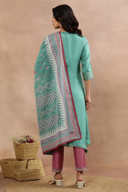 Marine Green Asymmetrical Kurta, Slim Pants And Dupatta Set