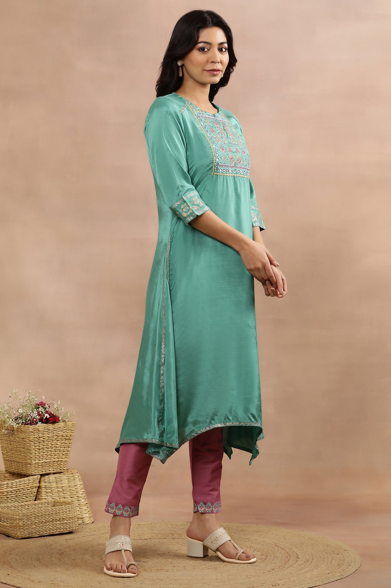 Marine Green Asymmetrical Kurta, Slim Pants And Dupatta Set