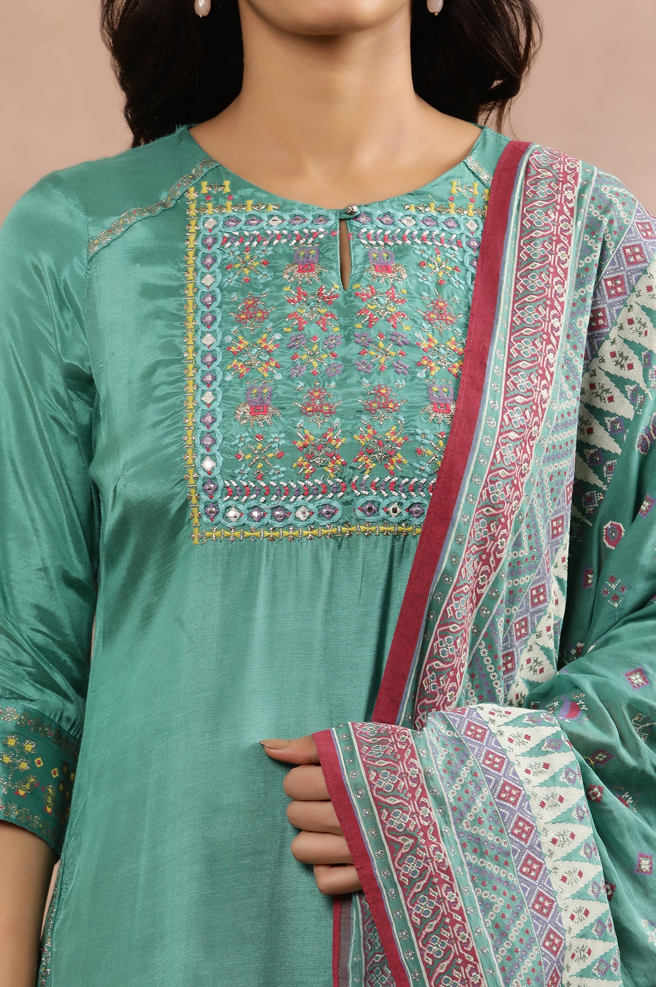 Marine Green Asymmetrical Kurta, Slim Pants And Dupatta Set