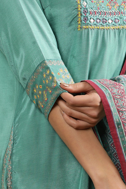 Marine Green Asymmetrical Kurta, Slim Pants And Dupatta Set