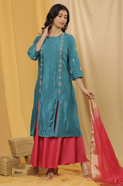 Teal Embroidered Front Slit Kurta, Pink Culottes And Dupatta Set