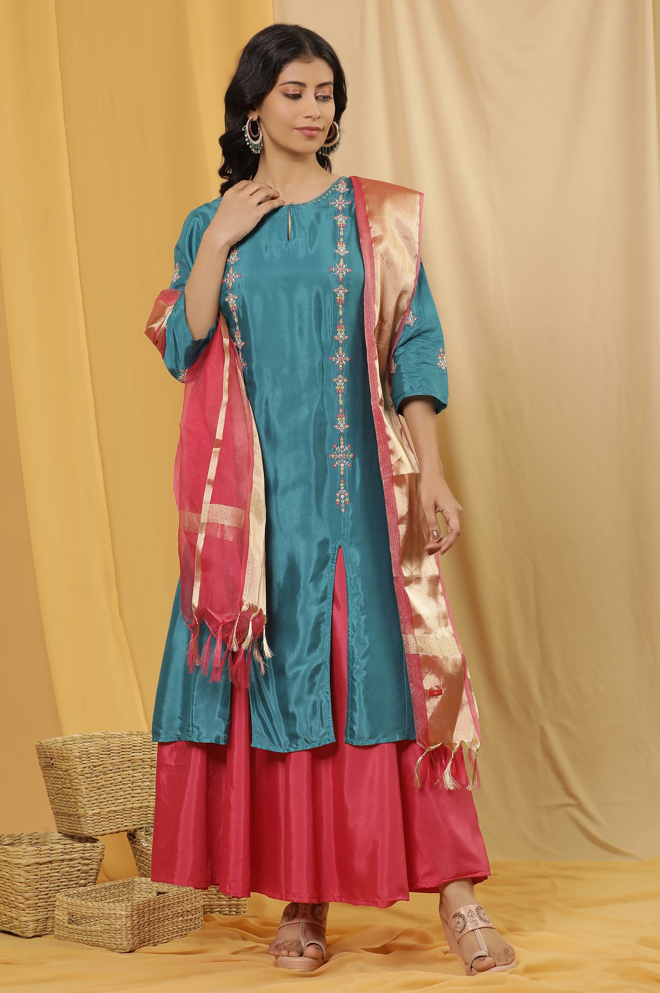 Teal Embroidered Front Slit Kurta, Pink Culottes And Dupatta Set