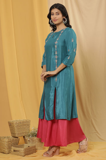 Teal Embroidered Front Slit Kurta, Pink Culottes And Dupatta Set