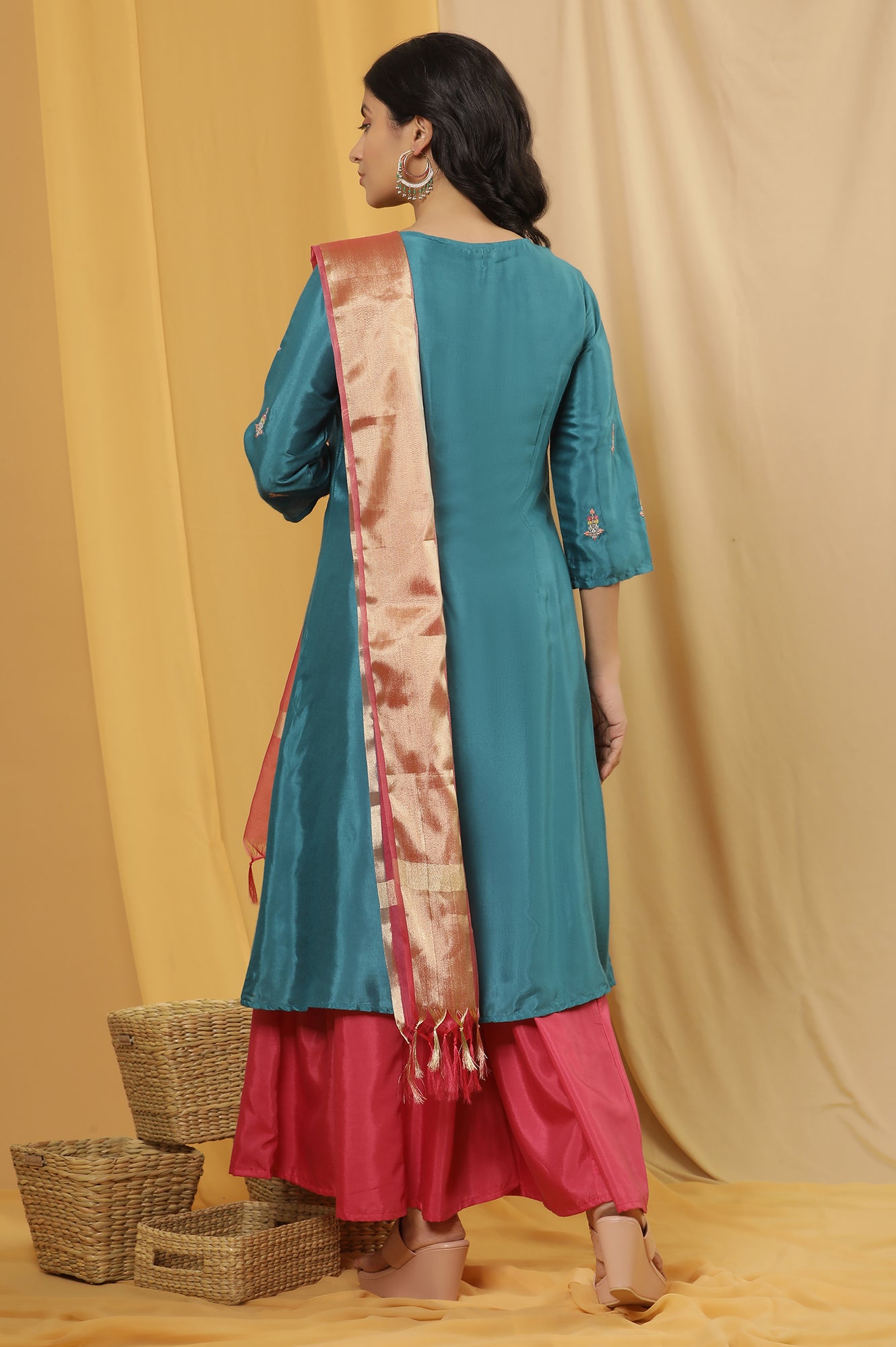 Teal Embroidered Front Slit Kurta, Pink Culottes And Dupatta Set