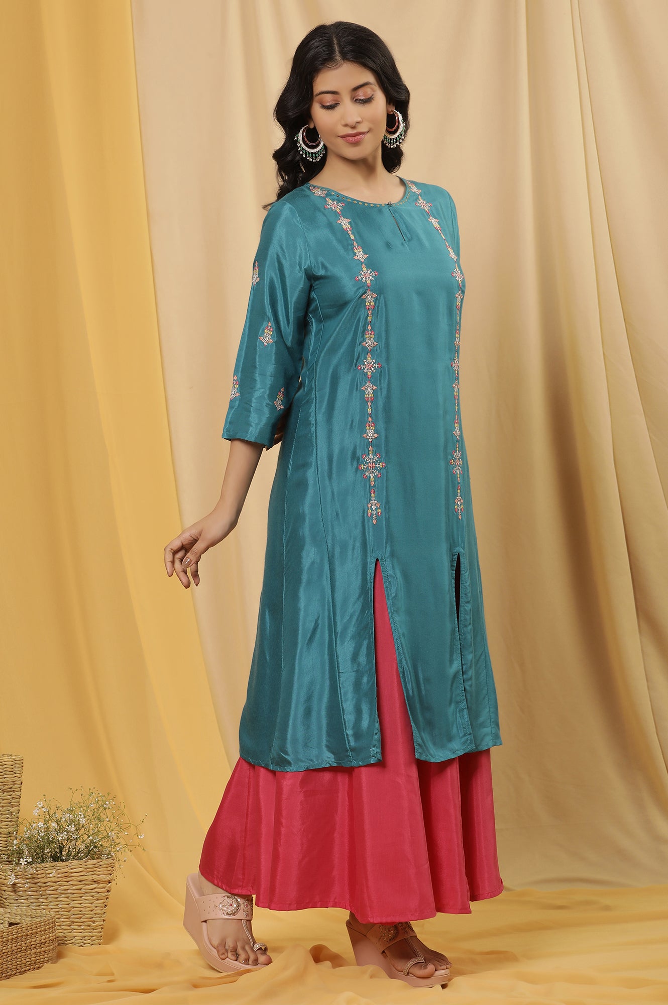 Teal Embroidered Front Slit Kurta, Pink Culottes And Dupatta Set